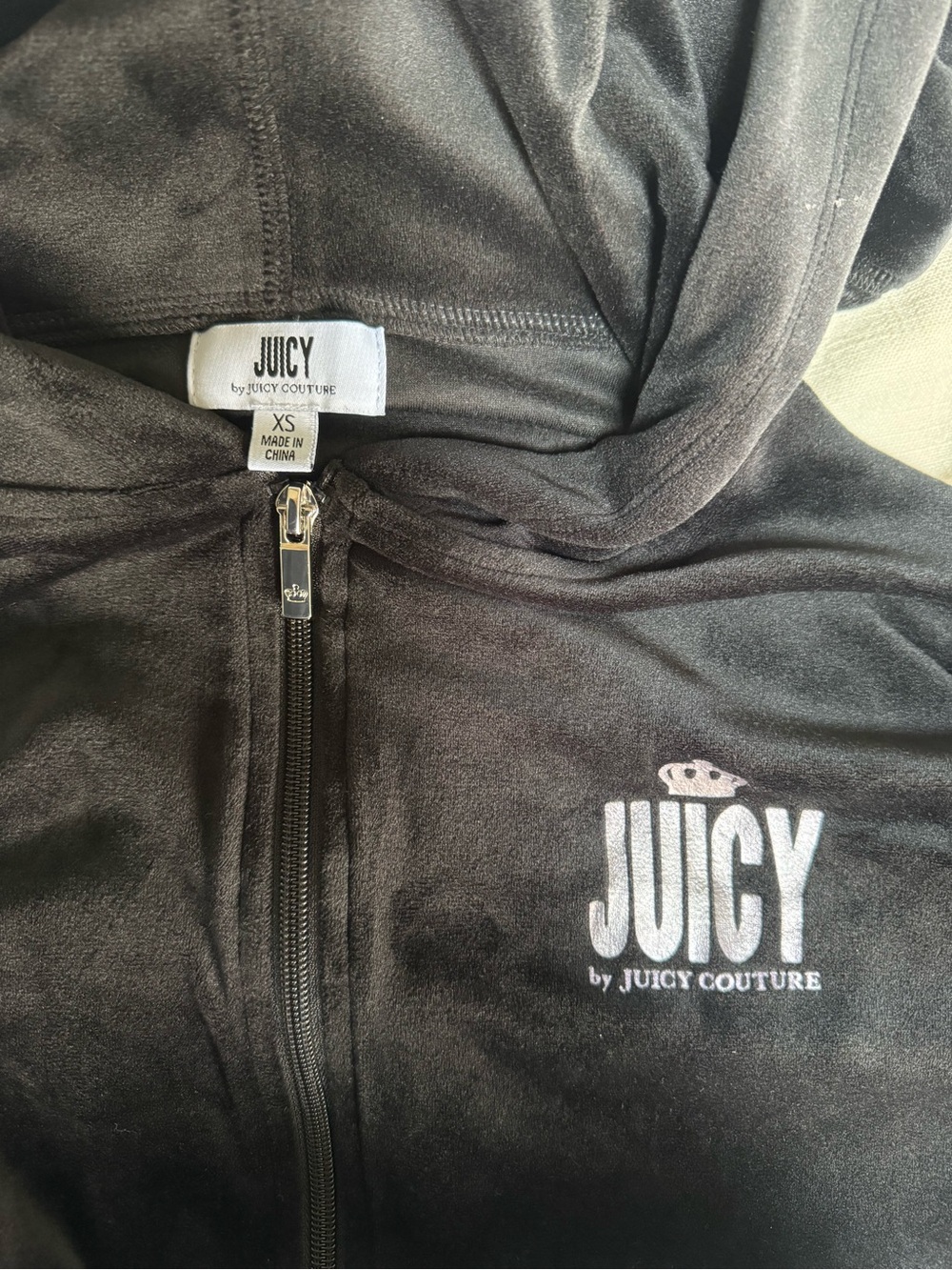 Juicy Couture Black Velour Women’s Zip Jumpsuit with Hoodie, Pockets